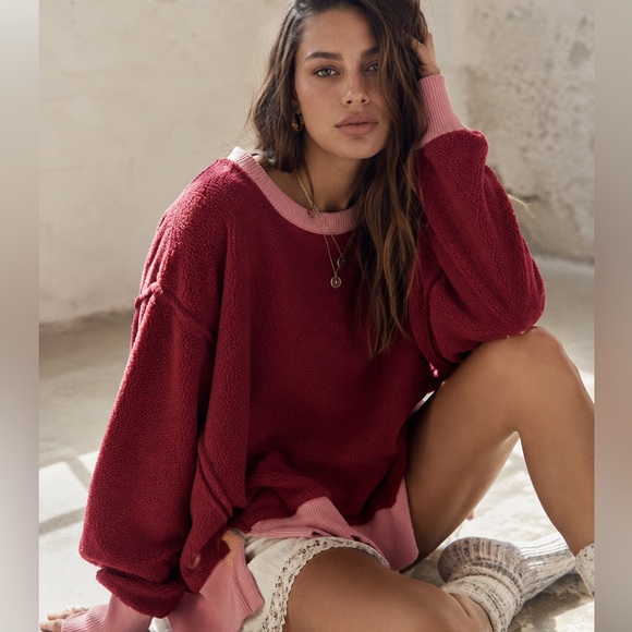We The Free Sweaters - We The Free Burgundy Pullover with Pink Trim